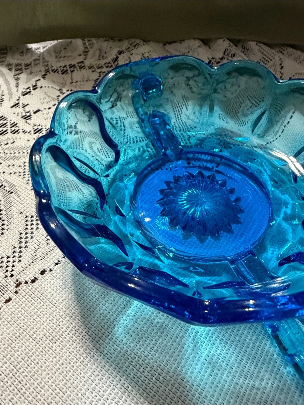 Vintage double handled Blue Glass Thumbprint pattern Candy Dish